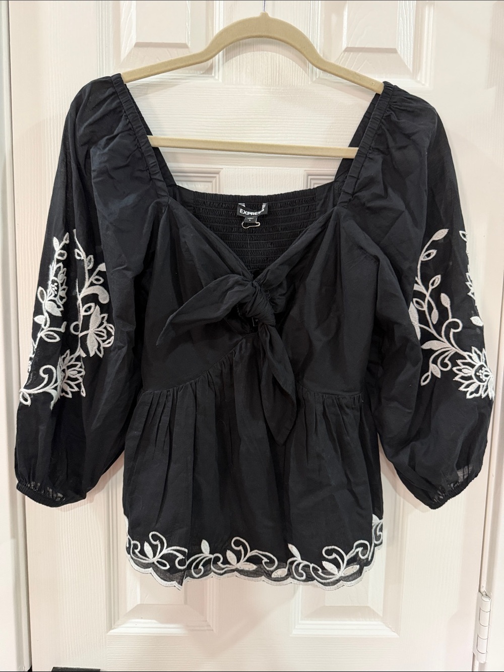 Express Black Peasant Tie-Front Blouse with White Floral Embroidery